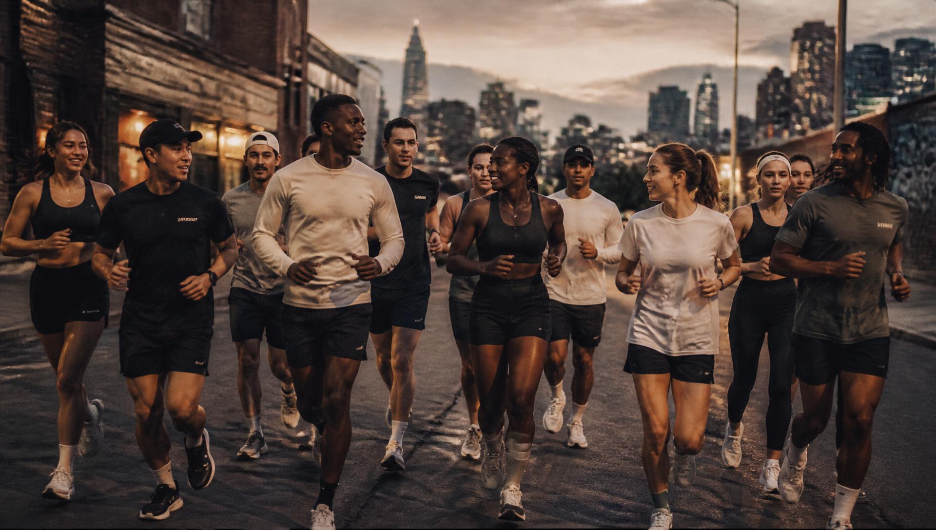 Urban run club moving through the city at dusk