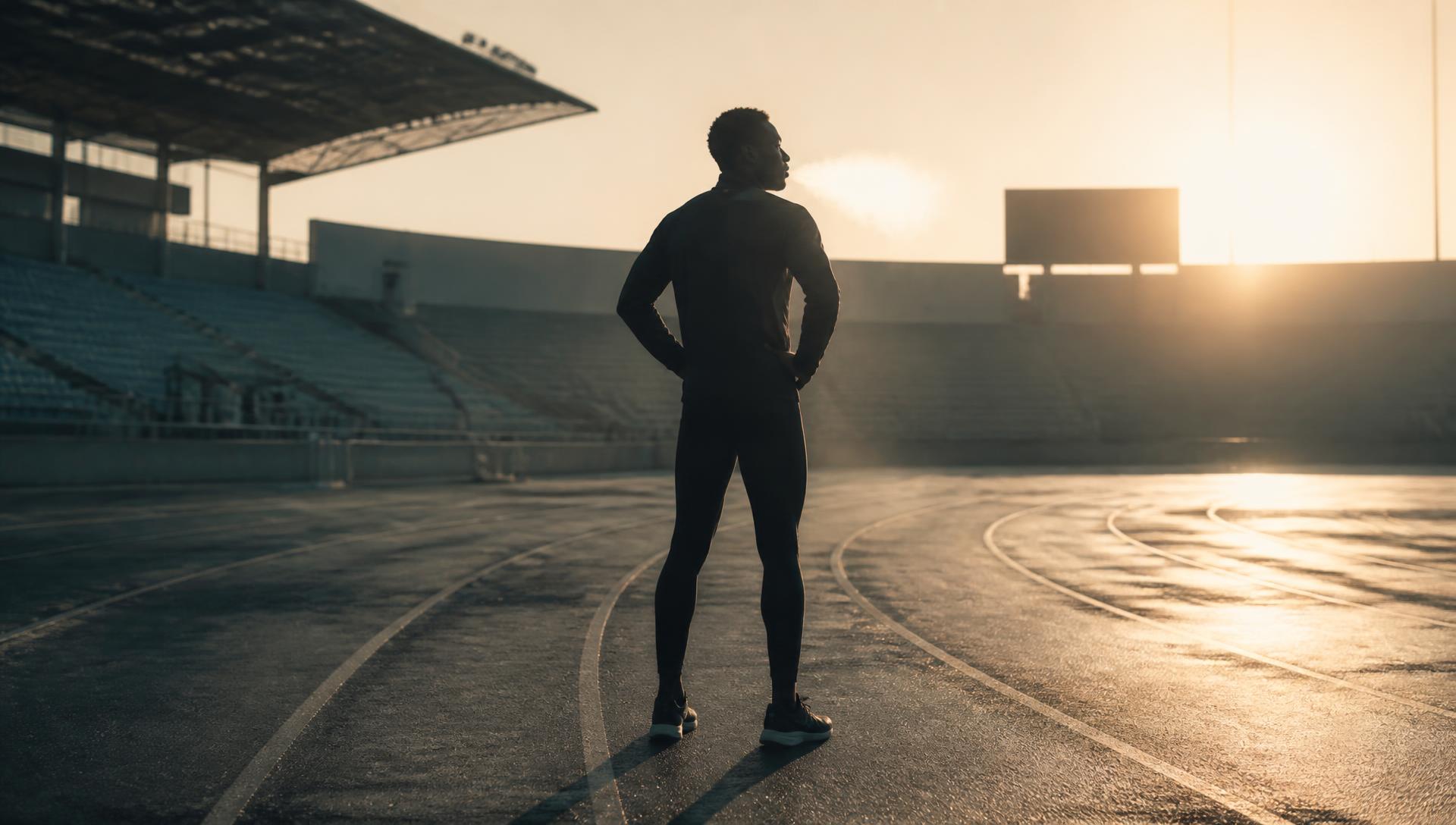 Athlete alone on a stadium track at first light