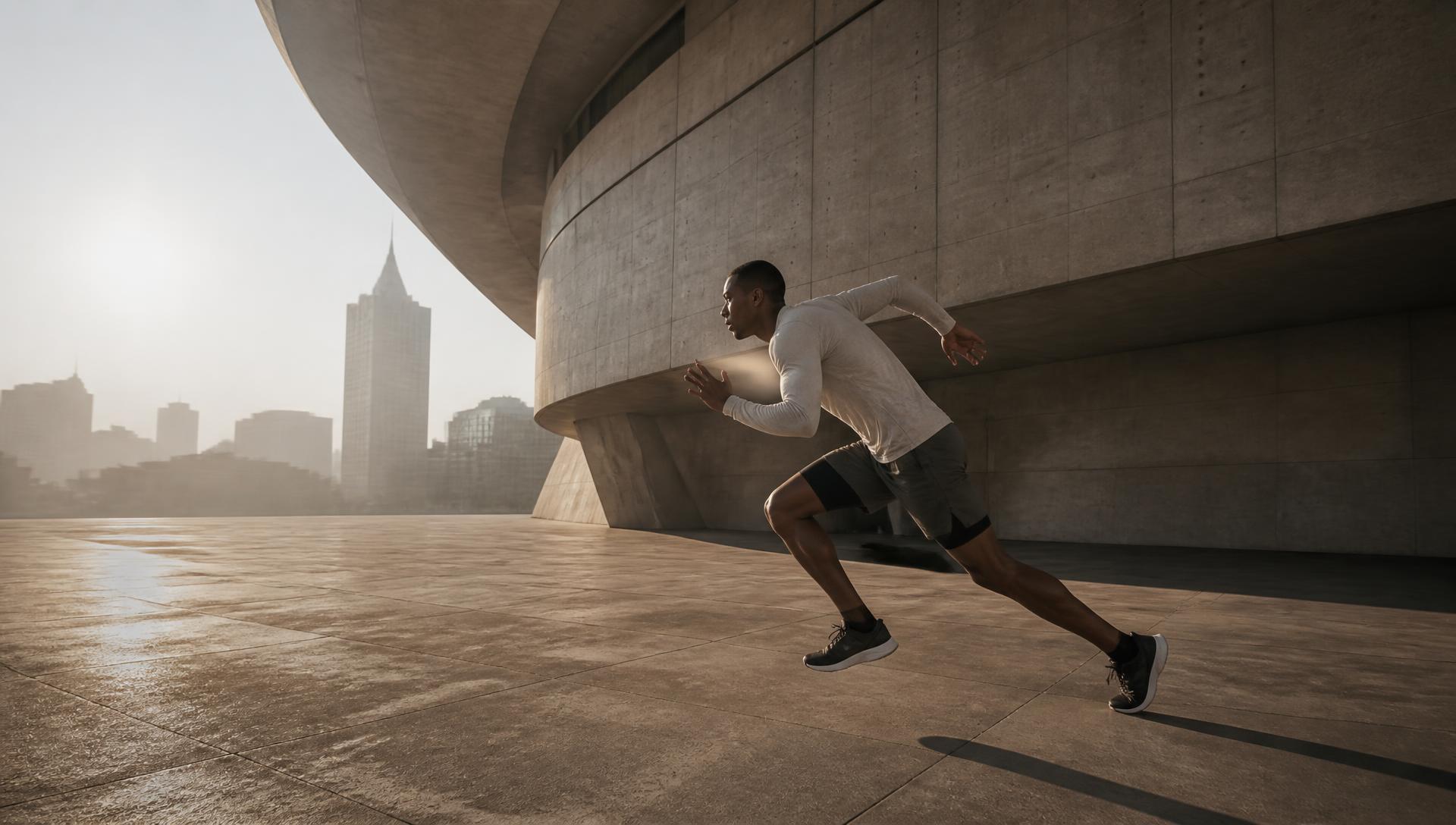 Runner accelerating across an empty concrete plaza at dawn